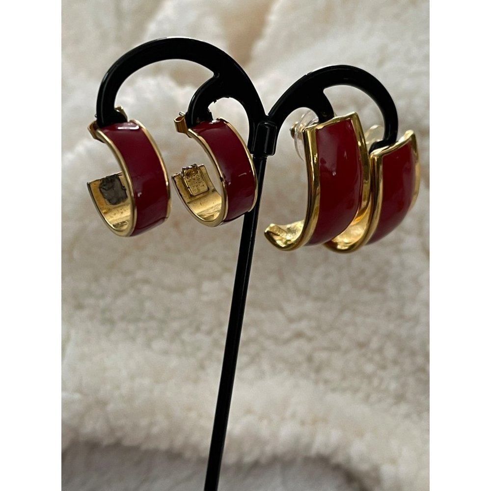 Vintage Avon Gold Tone Red Enamel Semi-Hoop Earrings - 2 Pairs - Picture 4 of 12
